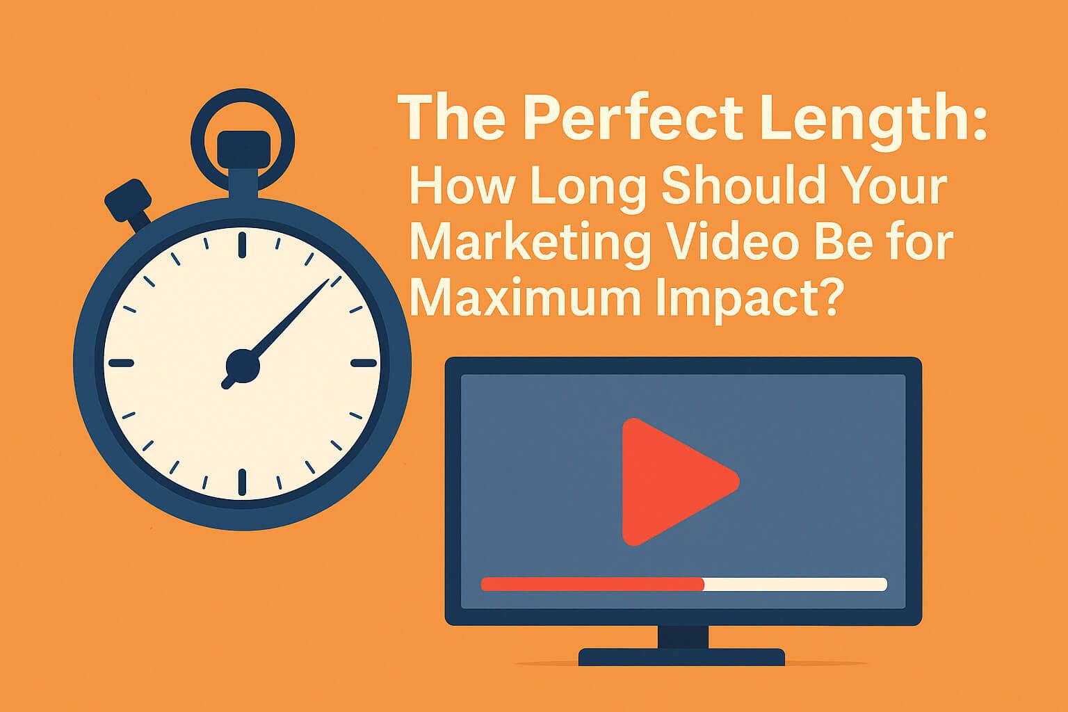 Illustration of a stopwatch and a video player on an orange background. The stopwatch represents timing, and the video player screen displays a play button with a progress bar. Text reads: "The Perfect Length: How Long Should Your Marketing Video Be for Maximum Impact?"