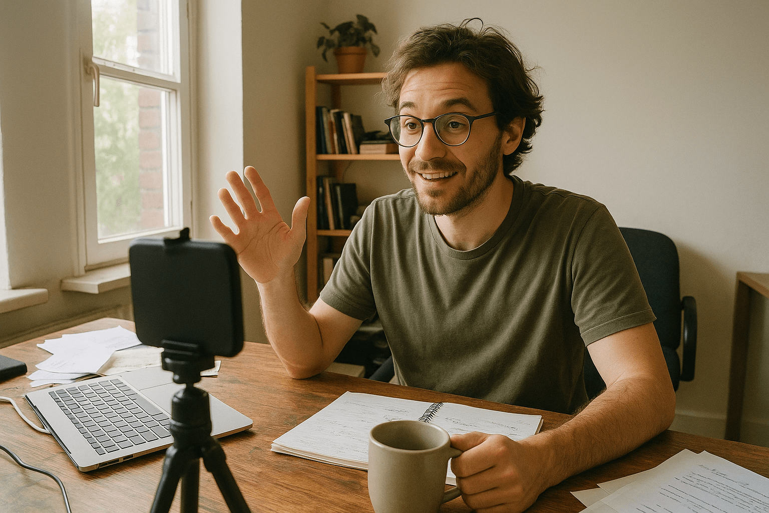 solo entrepreneur filming UGC-style video marketing clip with smartphone in home office