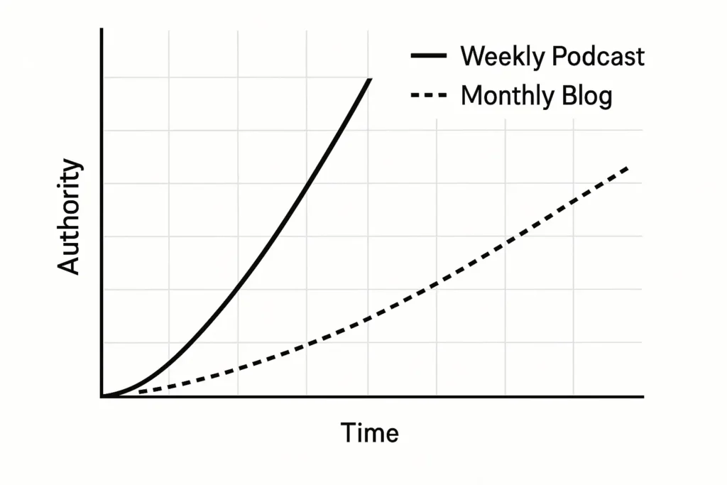“Chart comparing authority growth speed of weekly podcast versus monthly blog.”