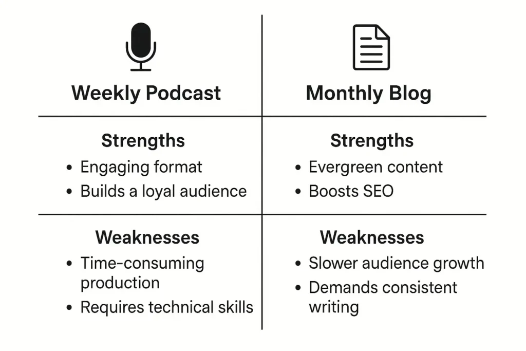 “Comparison table showing strengths and weaknesses of weekly podcasts versus monthly blogs.”