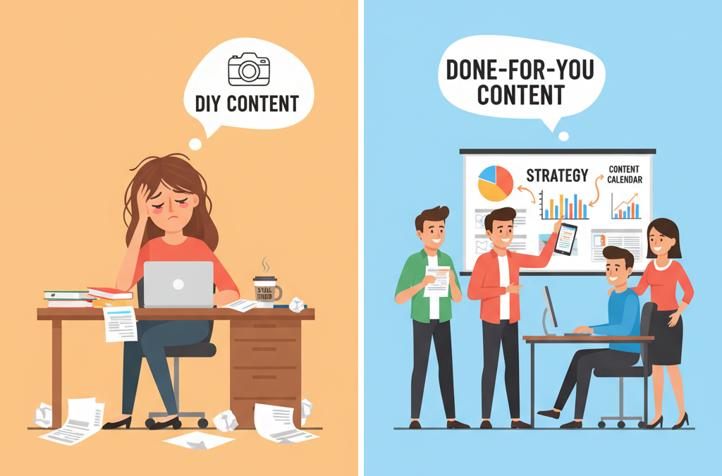 DIY vs Done-for-You content creation costs comparison illustration.