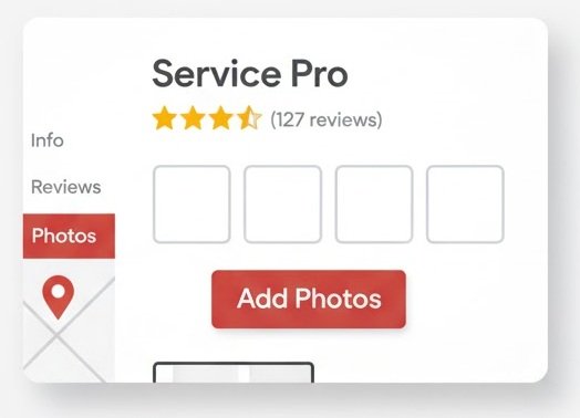 Google Business Profile card showing star ratings, photos section, and optimization areas for service businesses