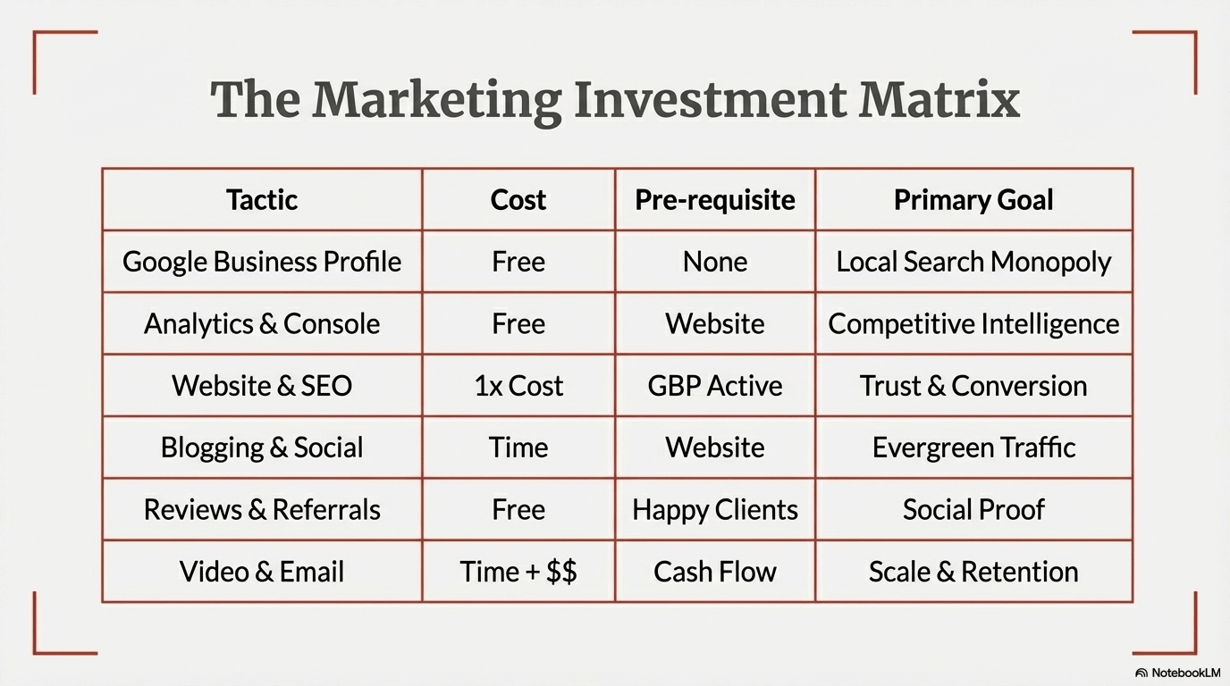 The Marketing Investment Matrix creative marketing ideas for small service businesses starts with many free tactics.