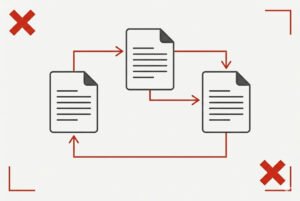 Three minimalist document icons connected by red arrows, illustrating how internal linking connects blog posts to build website authority.