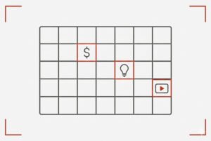 A simple calendar grid featuring three distinct rotating icons to represent a mix of blog topics and content formats.
