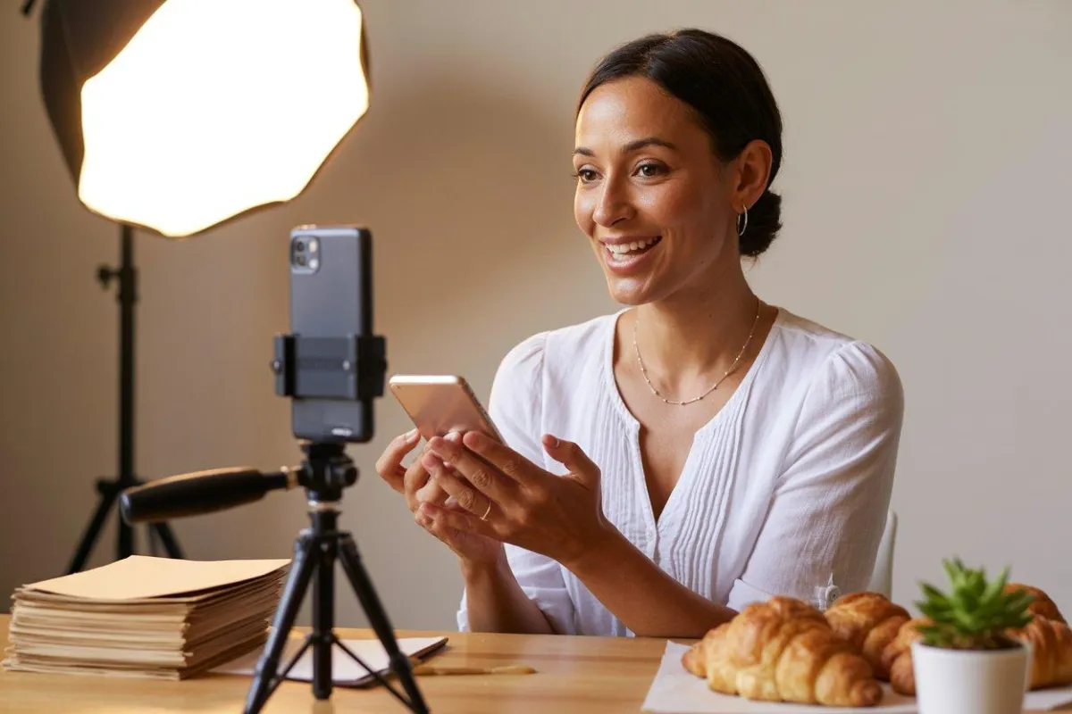 Small business owner filming a marketing video using a phone and natural lighting setup.